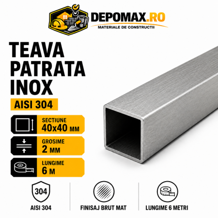Teava patrata inox AISI 304, 40 x 40 x 2 mm, 6 metri